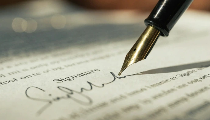 A fountain pen writes a signature on a document.